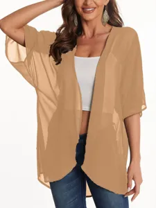 Chiffon sunscreen cover-up cardigan detail view, lightweight half-sleeve stylish top.