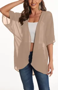 Sheer chiffon kimono cardigan, lightweight sun protection beach cover up top for summer.