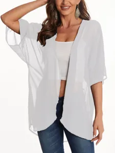 White sheer chiffon kimono cardigan detail, lightweight summer sunscreen cover-up style.