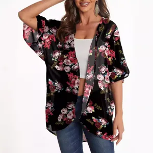 Women Floral Printed Polyester Chiffon Kimono Cardigan Open Front Sunscreen Blouse Loose Half Sleeve Casual Summer Beach Cover Up Top