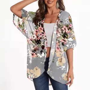 Women's floral print chiffon kimono cardigan casual loose beach sun protection cover up top