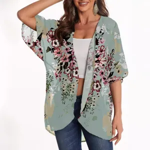 Women floral print chiffon kimono cardigan casual loose summer beach sun protection cover up top