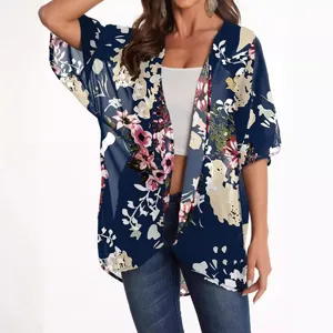 Women Floral Chiffon Kimono Cardigan Summer Beach Cover Up Casual Loose Sun Protection Top