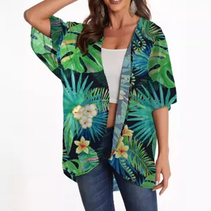 Tropical floral print chiffon kimono cardigan for women summer beach cover up sunscreen top