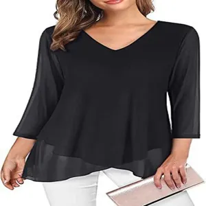 Women V-Neck 3/4 Sleeve Chiffon Blouse Casual Loose Layered Hem Top Solid Color Shirt