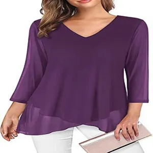 Women's elegant deep V-neck 3/4 sleeve chiffon layered blouse stylish purple top