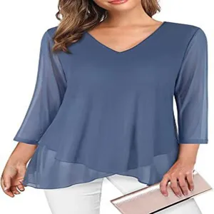 Women's V-neck 3/4 sleeve sheer chiffon blouse with layered hem elegant casual top
