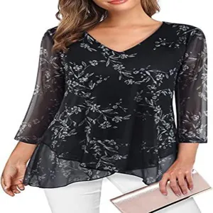 Women's 3/4 Sleeve V-Neck Floral Print Chiffon Blouse Casual Loose Summer Shirt Top
