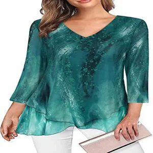 Women Green V-Neck 3/4 Sleeve Chiffon Blouse Abstract Print Casual Layered Tops Shirt