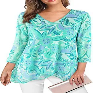 Detailed view of women 3/4 sleeve deep v-neck floral print chiffon top overlay hem design.