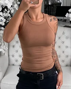 Donna colore solido senza maniche slim a costine canotta casual base collo rotondo.
