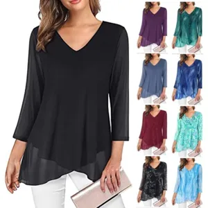 Women Deep V Neck Chiffon Blouse Elegant Three Quarter Sleeve Painted Print Top Asymmetrical Hem Casual Slim Fit Shirt