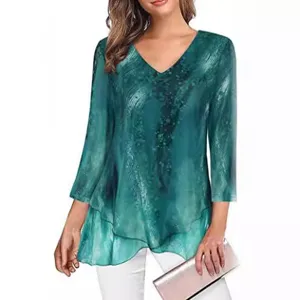 Women v-neck 3/4 sleeve green watercolor print layered chiffon tunic blouse tops