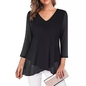 Women Black V-Neck Chiffon Blouse 3/4 Sleeve Casual Elegant Layered Tunic Top Shirt