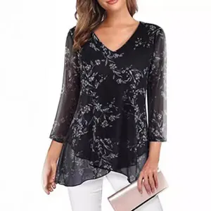 Women V-Neck 3/4 Sleeve Floral Print Chiffon Blouse Casual Layered Hem Shirt Top