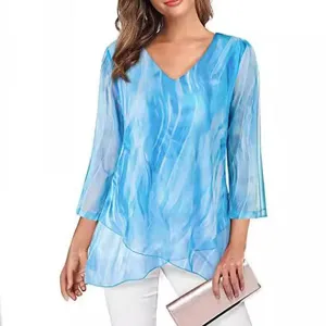 Women 3/4 Sleeve V Neck Chiffon Tunic Top Casual Loose Summer Elegant Blouse Shirt
