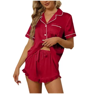 Ensemble pyjama court en satin rouge pour femme chemise manches courtes et short de nuit