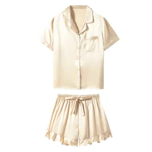 Pyjama court en satin uni col V manches courtes en soie, vêtements de nuit confortables.