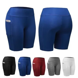 Women high waist sports yoga shorts with side pocket athletic fitness running biker shorts