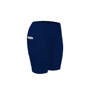 Detail view of dark blue women's athletic fitness yoga shorts with side pocket design.
