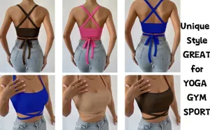 Top corto ajustado para mujer con tirantes cruzados, camiseta de deporte acanalada para yoga.