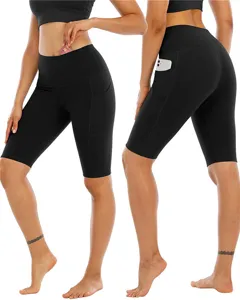 Women high waist yoga shorts with side pockets active fitness running gym biker shorts