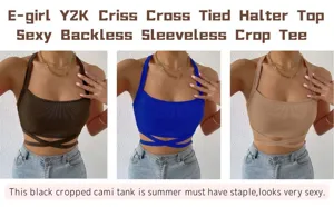 Detalles del crop top halter de mujer, camiseta corta sexy sin espalda y corte slim.