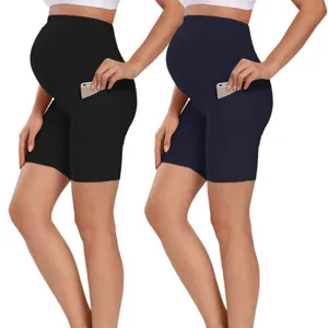 High waist maternity yoga shorts with convenient side pocket for phone, stretchy belly support.