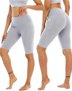 Women's high waisted biker yoga shorts with side pockets grey fitness workout running athletic pants