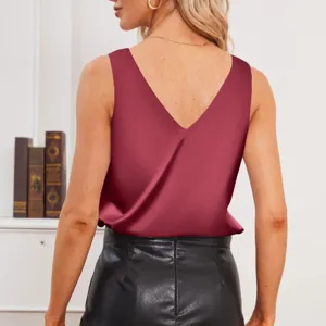 Detailed back view of a solid color V-neck satin sleeveless top showing sleek fabric texture.