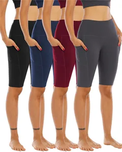 High waist yoga shorts with pockets, gym running fitness activewear in four solid colors.