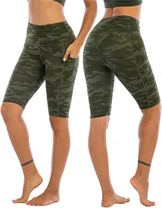 Women camouflage yoga shorts detail view, high waist fitness running activewear with pocket.