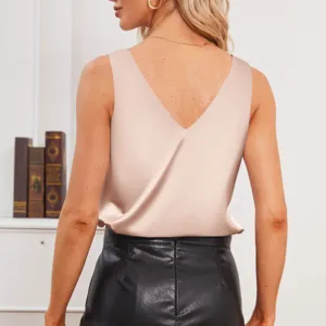 Women satin v-neck sleeveless tank top solid color casual loose camisole summer basic blouse