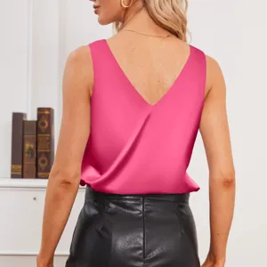 Detail view of a solid pink V-neck sleeveless satin tank top, elegant back design for women.