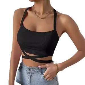 Top corto de canalé con halter para mujer, camiseta sexy de verano con tirantes cruzados.