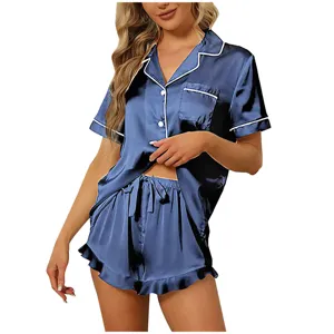 Ensemble pyjama court en satin pour femme col V vetement de nuit confortable elegant.