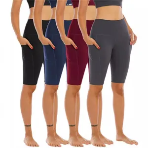 Women High Waist Pocket Athletic Yoga Shorts Fitness Running Sports Gym Leggings Solid Color Polyester Workout Pants