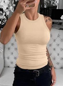 Donna Estate Canotta in Maglia a Coste Tinta Unita Slim Fit Senza Maniche Top Base