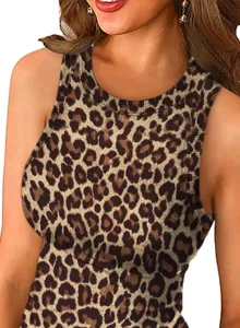 Vista dettagliata canotta estiva donna senza maniche stampa leopardato, tessuto.