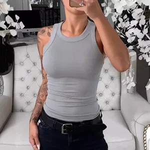 Canotta donna estiva tinta unita in maglia a costine senza maniche, vestibilità slim.