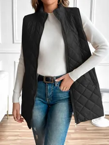 Black quilted sleeveless puffer vest detail view, casual stand collar outerwear piece for women.
