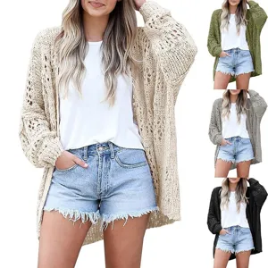 Women's long sleeve hollow out knit cardigan sweater casual open front outerwear with multiple colors.