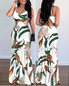 Women V-Neck Floral Print Maxi Dress Summer Casual Elegant Two-Piece Look Long Dress New