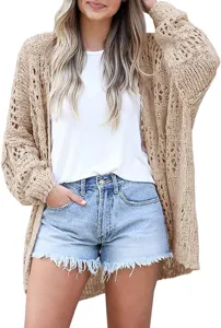 Detailed view of women's long sleeve open front chunky knit cardigan sweater with hollow out design.