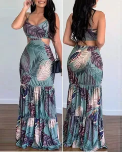 Detailed view of women casual V-neck tropical leaf print cutout maxi dress with back and front.