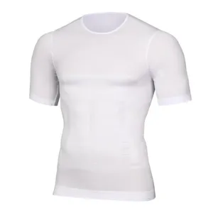 Men white short sleeve compression shirt detail view breathable and elastic fabric design