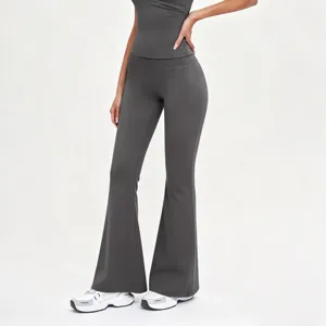Grey high waist flare yoga pants and top set, comfortable workout activewear outfit.