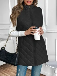 Women black quilted zip vest mid-length stand collar sleeveless outwear casual jacket