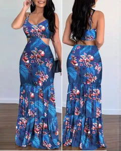 Women tropical floral print cut out maxi dress V neck spaghetti strap casual long dress