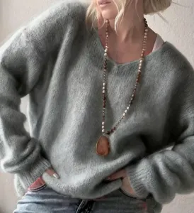 Gezellige grijze V-hals pluizige gebreide truien voor dames, losse casual top met lange mouw.